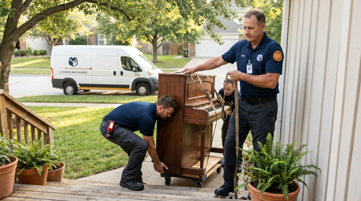 Licensed piano movers securing grand piano in Midway, AR