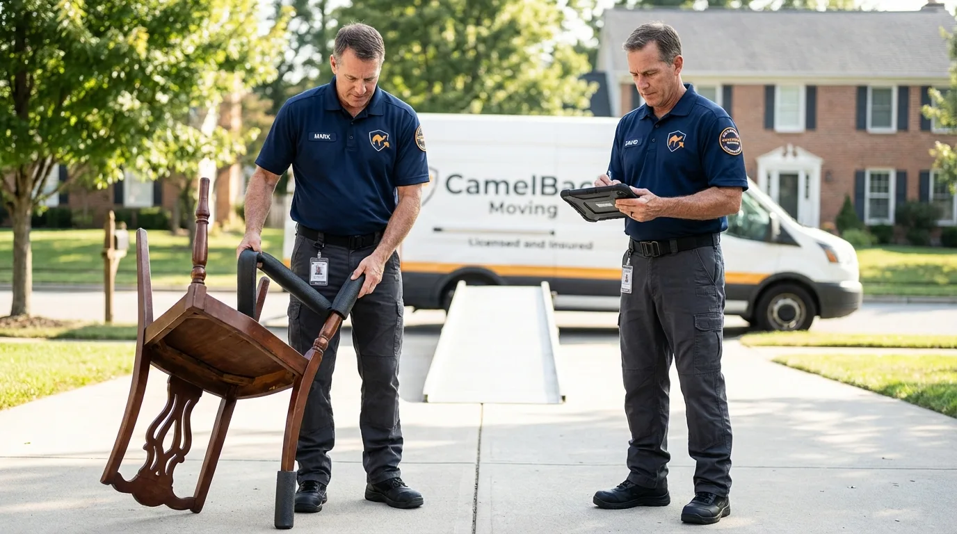 Movers inspecting furniture for damage prevention before loading in Midway, AR