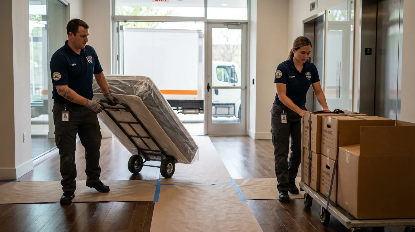 Professional apartment movers loading elevator in Midway, AR